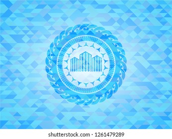 buildings icon inside realistic light blue emblem. Mosaic background