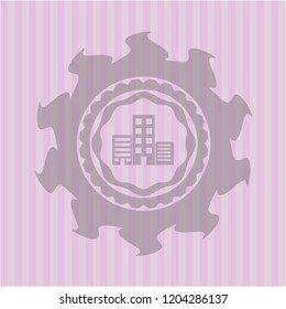 buildings icon inside realistic pink emblem