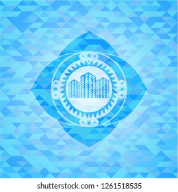 buildings icon inside realistic sky blue emblem. Mosaic background