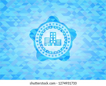 buildings icon inside realistic sky blue mosaic emblem