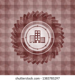 buildings icon inside red badge with geometric pattern background. Seamless.