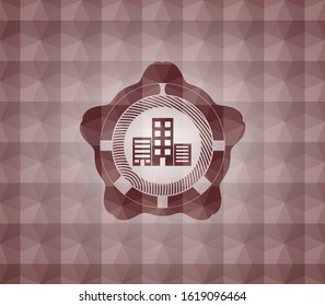 buildings icon inside red badge with geometric background. Seamless.