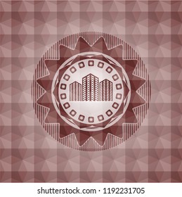 buildings icon inside red emblem with geometric pattern. Seamless.