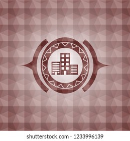 buildings icon inside red emblem with geometric background. Seamless.