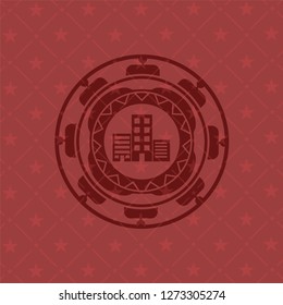 buildings icon inside red emblem. Vintage.