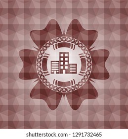 buildings icon inside red emblem or badge with geometric pattern background. Seamless.