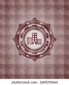 buildings icon inside red emblem with geometric pattern background. Seamless.