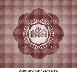 buildings icon inside red geometric emblem. Seamless.