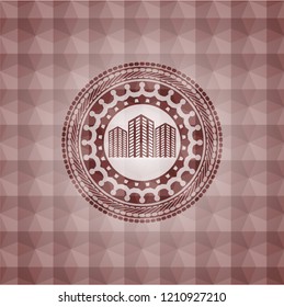 buildings icon inside red geometric pattern emblem. Seamless.
