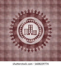 buildings icon inside red geometric badge. Seamless.