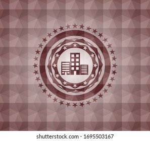 buildings icon inside red geometric pattern emblem. Seamless.