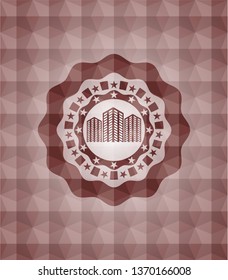 buildings icon inside red polygonal badge. Seamless.