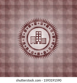 buildings icon inside red polygonal badge. Seamless.