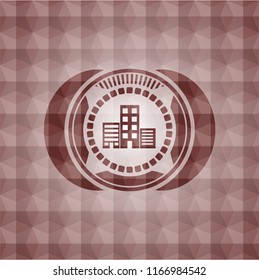 buildings icon inside red seamless emblem with geometric background.
