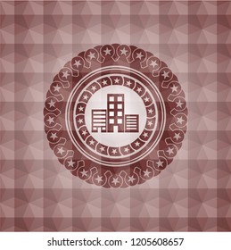 buildings icon inside red seamless emblem with geometric background.