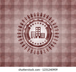 buildings icon inside red seamless emblem or badge with abstract geometric polygonal pattern background.