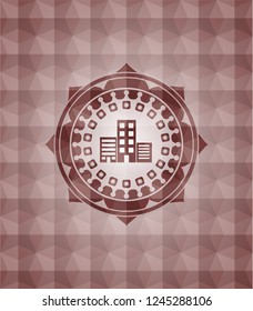buildings icon inside red seamless geometric emblem.