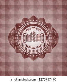 buildings icon inside red seamless emblem or badge with abstract geometric polygonal pattern background.