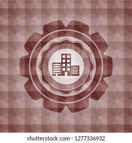 buildings icon inside red seamless emblem with geometric background.