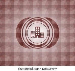 buildings icon inside red seamless emblem or badge with abstract geometric pattern background.