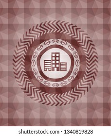 buildings icon inside red seamless emblem or badge with abstract geometric polygonal pattern background.
