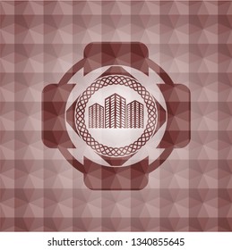 buildings icon inside red seamless emblem or badge with abstract geometric pattern background.