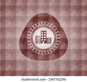 buildings icon inside red seamless emblem or badge with abstract geometric pattern background.
