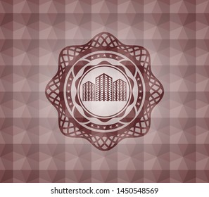 buildings icon inside red seamless emblem or badge with abstract geometric pattern background.