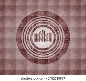 buildings icon inside red seamless emblem or badge with abstract geometric pattern background.