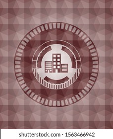 buildings icon inside red seamless emblem or badge with abstract geometric pattern background.