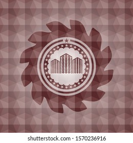 buildings icon inside red seamless emblem or badge with abstract geometric polygonal pattern background.