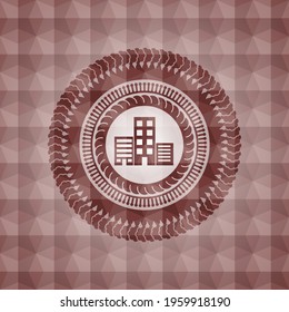 buildings icon inside red seamless emblem or badge with abstract geometric polygonal pattern background. 