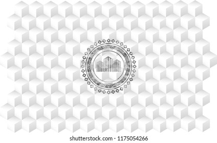 buildings icon inside retro style grey emblem with geometric cube white background