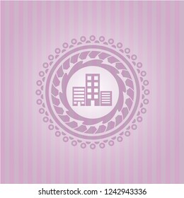 buildings icon inside retro style pink emblem