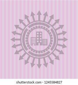 buildings icon inside retro style pink emblem