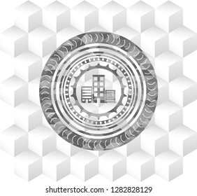 buildings icon inside retro style grey emblem with geometric cube white background