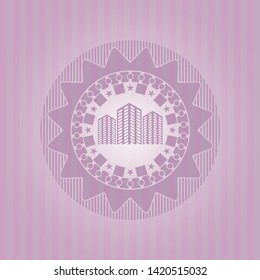 buildings icon inside retro style pink emblem