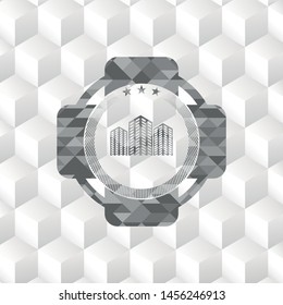 buildings icon inside retro style grey emblem with geometric cube white background
