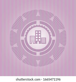 icono de edificios dentro del emblema rosa estilo retro