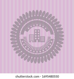 buildings icon inside retro style pink emblem