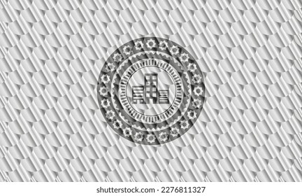 Gebäude Symbol in glänzendem silbernem Emblem. Skaliert Muster. Vektorgrafik. Detaillierte Angaben. 