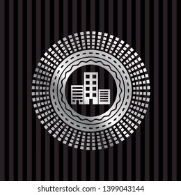 buildings icon inside silver emblem