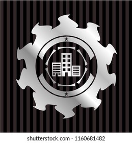 buildings icon inside silver shiny emblem