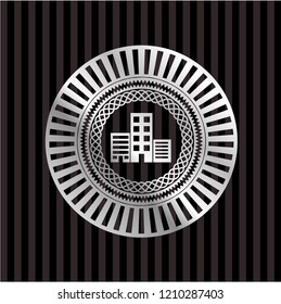 buildings icon inside silver shiny emblem