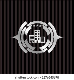 buildings icon inside silver shiny badge