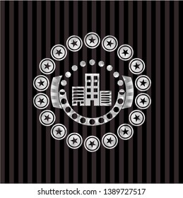 buildings icon inside silver shiny emblem