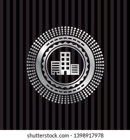buildings icon inside silver shiny emblem
