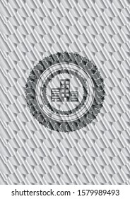 buildings icon inside silver shiny emblem. Scales pattern. Vector Illustration. Detailed.
