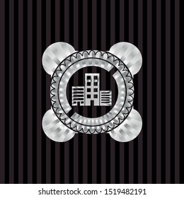 buildings icon inside silvery emblem or badge