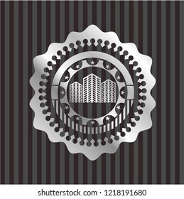 buildings icon inside silvery shiny emblem
